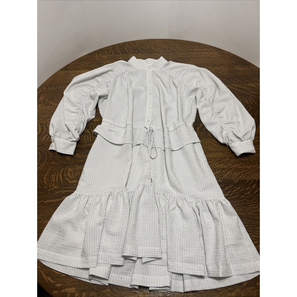 Calvin Klein Cottagecore Shirt Dress Womens S White Striped Tie Waist Pockets